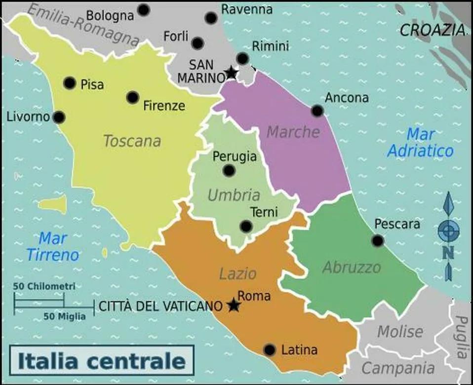 Stylized map of Central Italy highlighting Umbria, Tuscany, Marche and Lazio as the primary operational service area