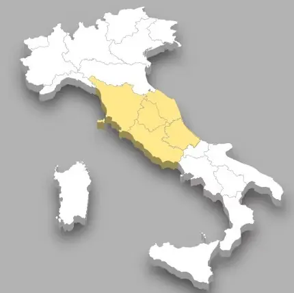 Map of Italy highlighting Central regions including Umbria, Tuscany, Marche and Lazio